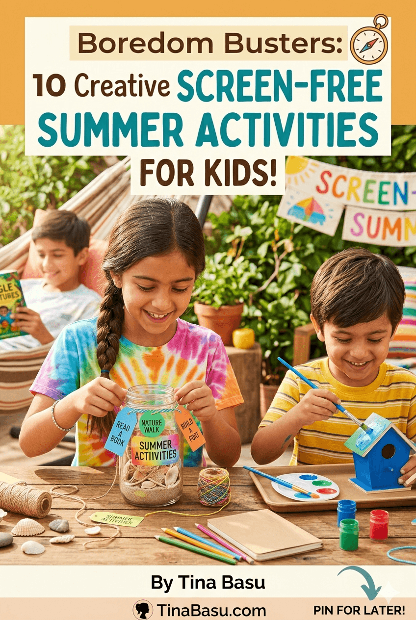 Two happy children engaged in screen-free summer crafting activities on a sunny wooden table, making a Summer Adventure Jar and painting small birdhouses pinterest