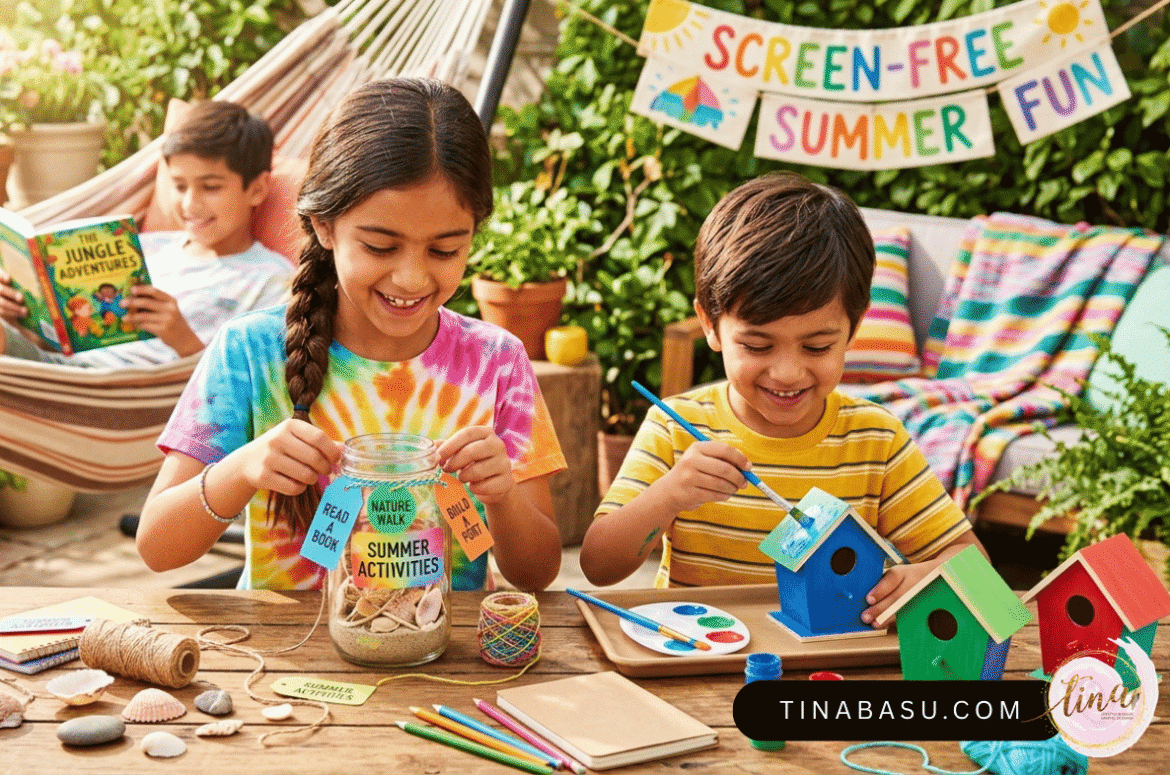Two happy children engaged in screen-free summer crafting activities on a sunny wooden table, making a Summer Adventure Jar and painting small birdhouses.