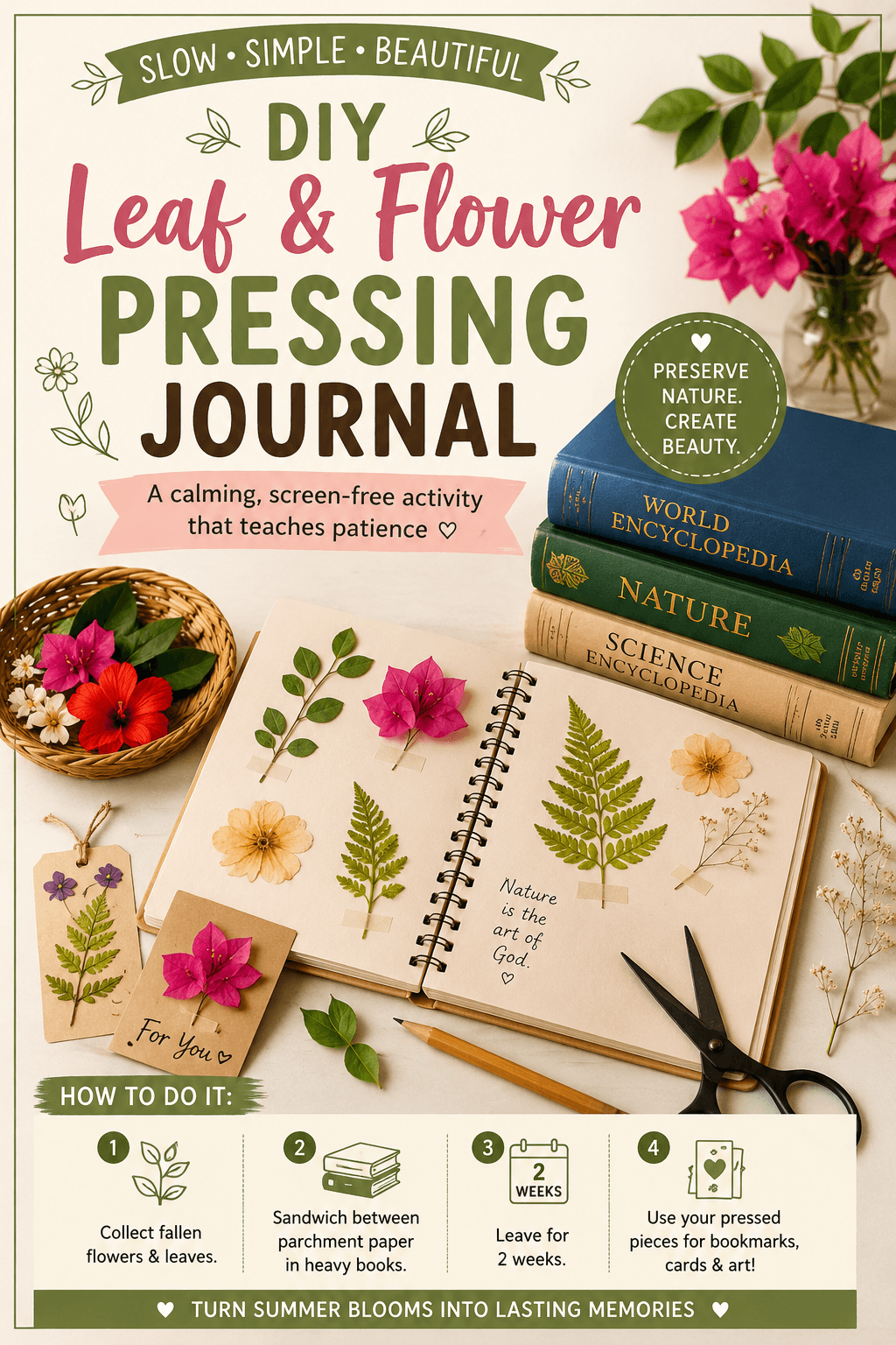 DIY leaf and flower pressing journal for kids using books and parchment paper – slow-paced botanical summer activity
