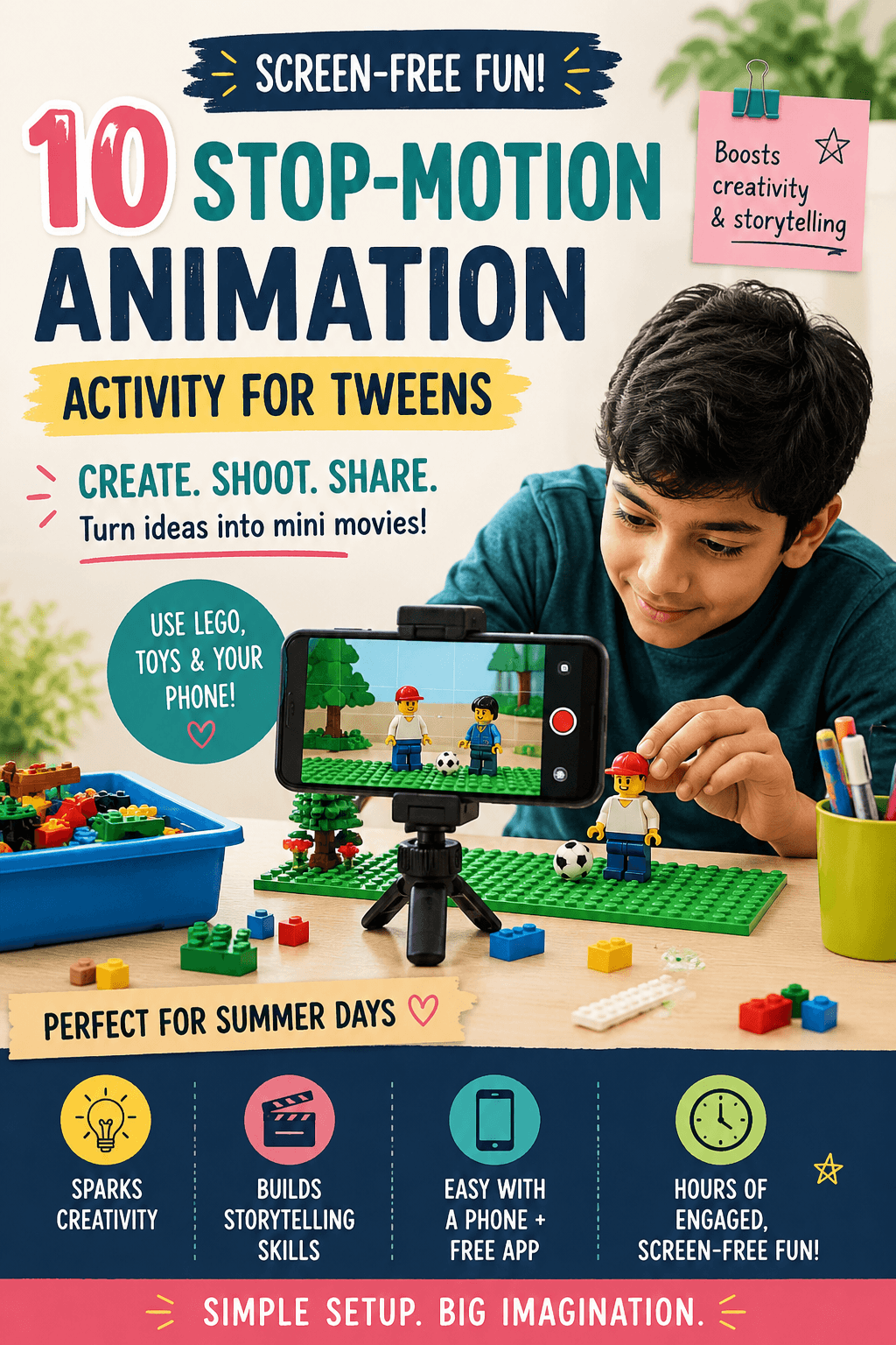 Tween creating stop motion animation using LEGO and smartphone – creative indoor activity for kids