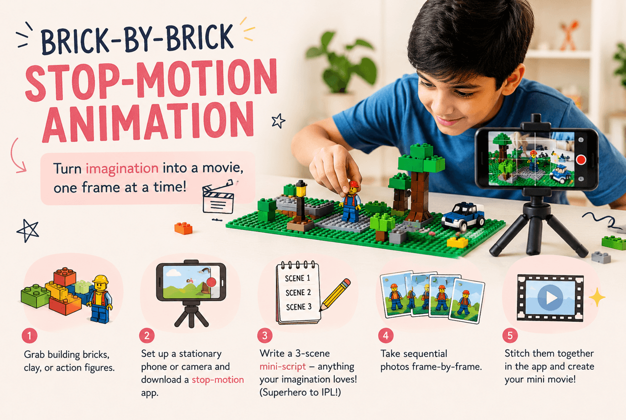 Tween creating stop motion animation using LEGO and smartphone – creative screen-free summer activity for kids