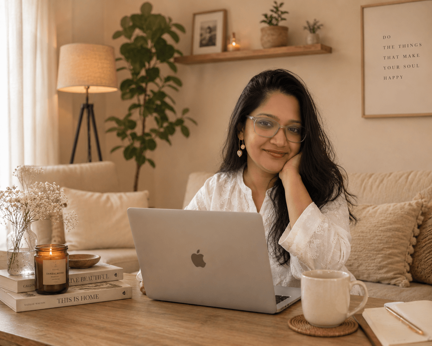 Tina Basu lifestyle and parenting content creator working on laptop